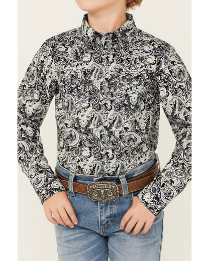 Boys' Showdown Paisley Print Long Sleeve Snap Western Shirt Navy