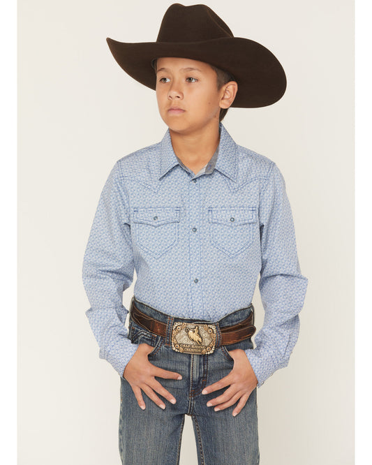 Boys' Coastal Cowboy Geo Print Long Sleeve Snap Western Shi Blue