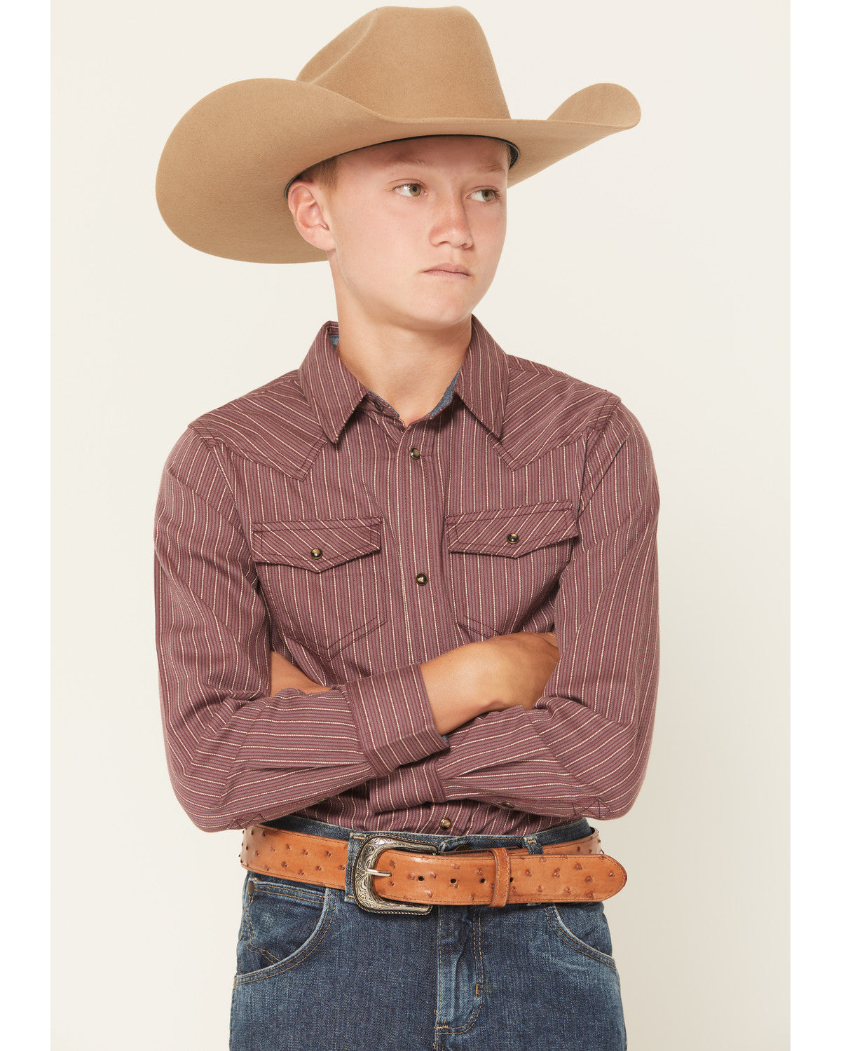 Boys' Everest Peak Striped Print Long Sleeve Snap Western S Burgundy