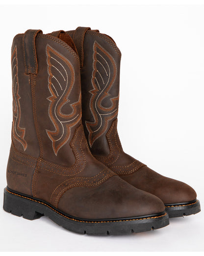 Men's Mustang Western Pull-On Work Boots - Soft Toe Brown