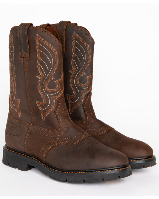 Men's Mustang Western Pull-On Work Boots - Soft Toe Brown