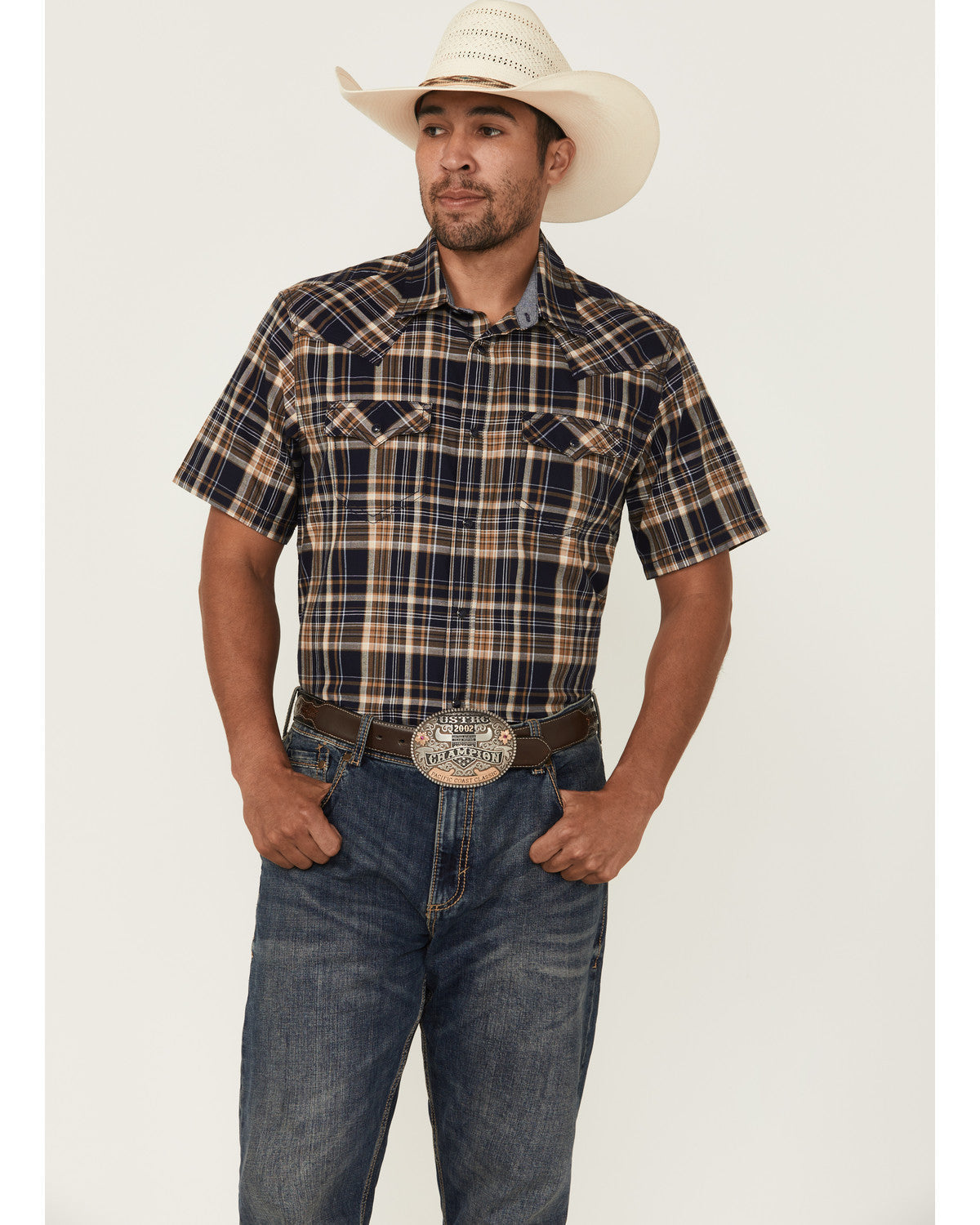 Men's Rustic Rodeo Plaid Print Short Sleeve Snap Western Sh Navy