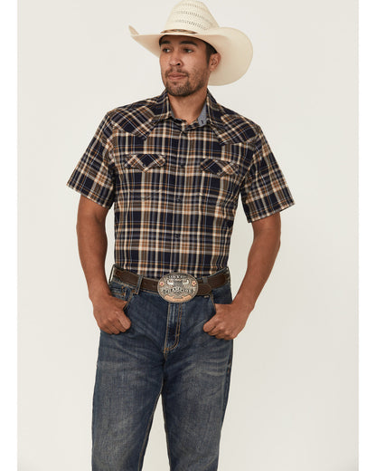 Men's Rustic Rodeo Plaid Print Short Sleeve Snap Western Sh Navy