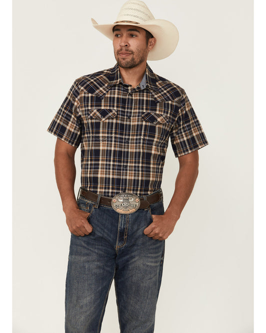 Men's Rustic Rodeo Plaid Print Short Sleeve Snap Western Sh Navy
