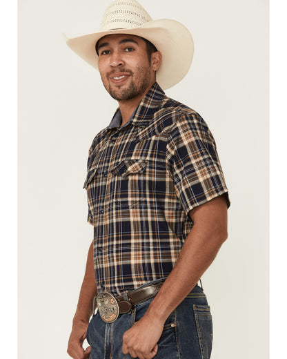 Men's Rustic Rodeo Plaid Print Short Sleeve Snap Western Sh Navy