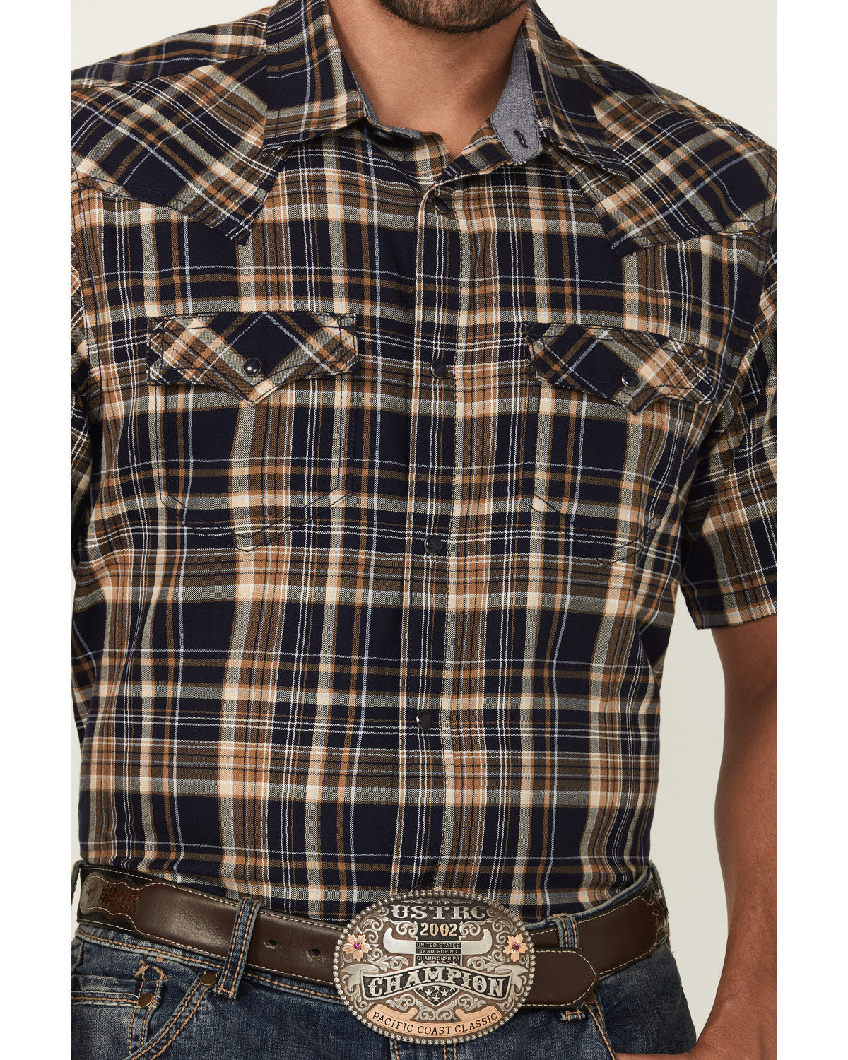 Men's Rustic Rodeo Plaid Print Short Sleeve Snap Western Sh Navy