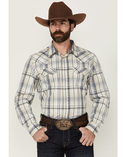 Men's Western Wind Plaid Print Long Sleeve Snap Western Shi Cream