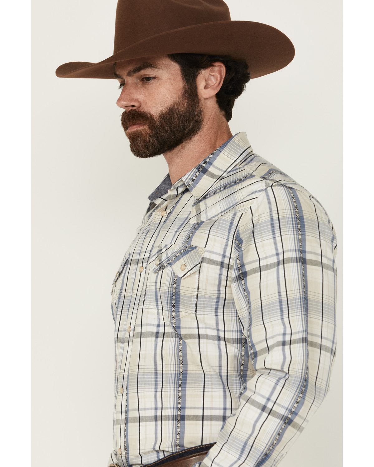 Men's Western Wind Plaid Print Long Sleeve Snap Western Shi Cream