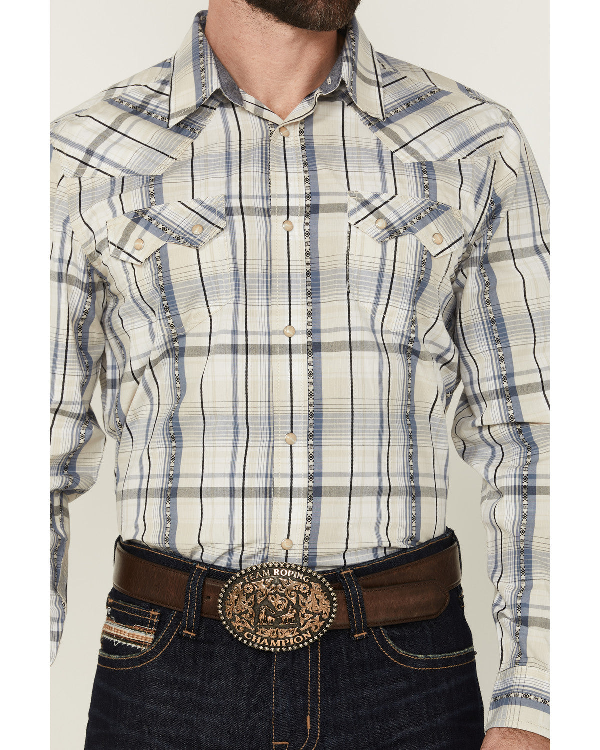 Men's Western Wind Plaid Print Long Sleeve Snap Western Shi Cream