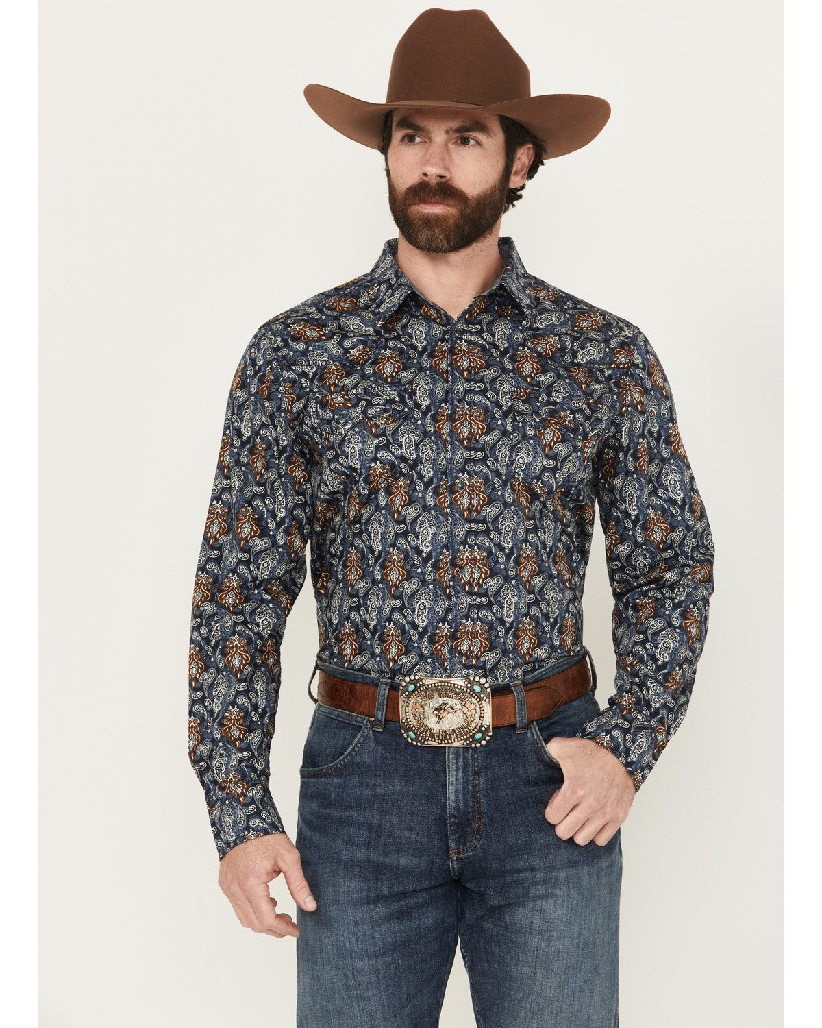 Men's Rodeo Ritz Paisley Print Long Sleeve Snap Western Shi Navy