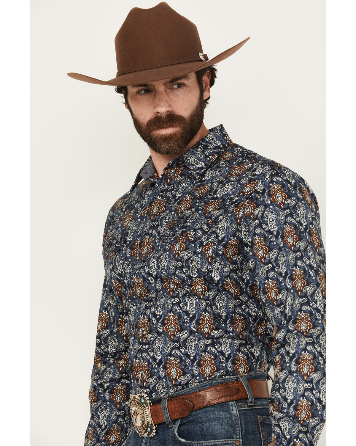 Men's Rodeo Ritz Paisley Print Long Sleeve Snap Western Shi Navy
