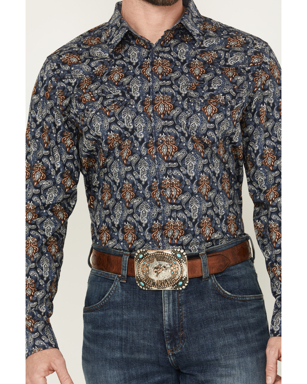 Men's Rodeo Ritz Paisley Print Long Sleeve Snap Western Shi Navy
