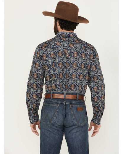 Men's Rodeo Ritz Paisley Print Long Sleeve Snap Western Shi Navy