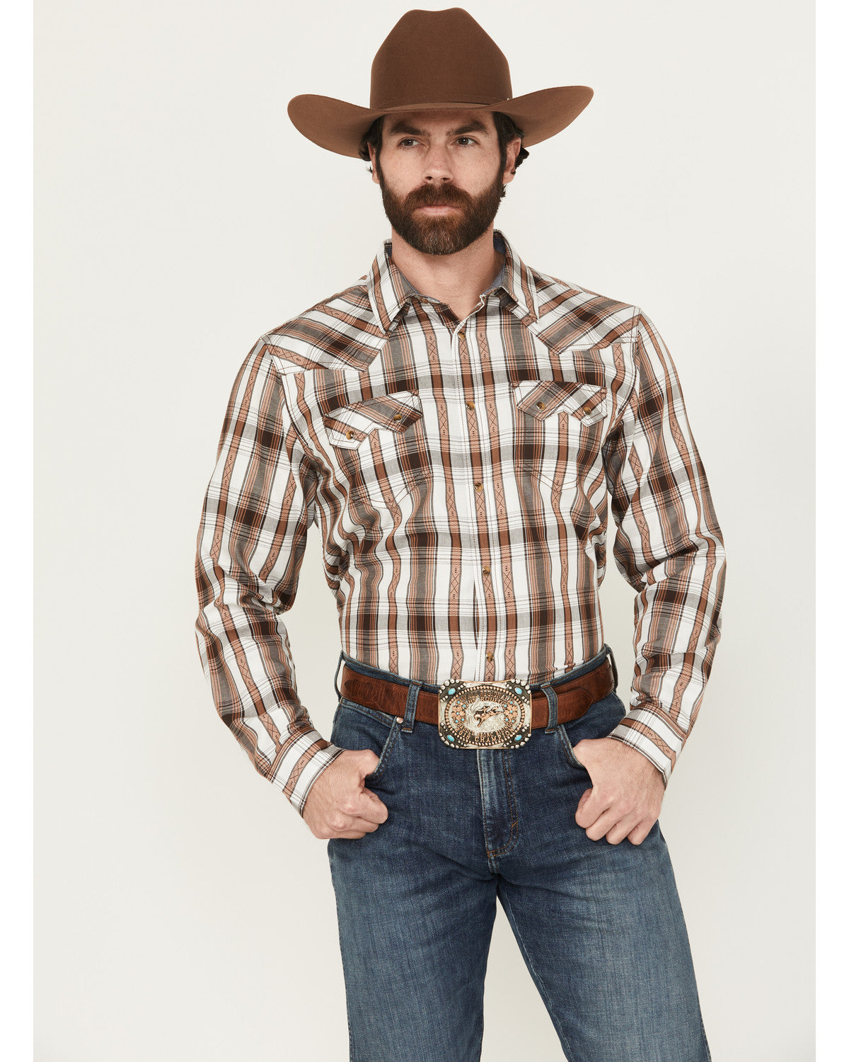 Men' Rodeo Plaid Print Long Sleeve Snap Western Shirt Tan