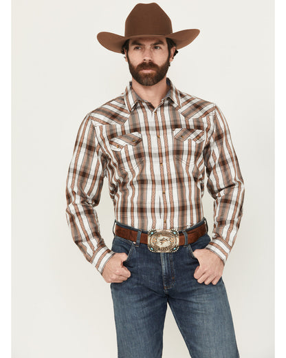 Men' Rodeo Plaid Print Long Sleeve Snap Western Shirt Tan