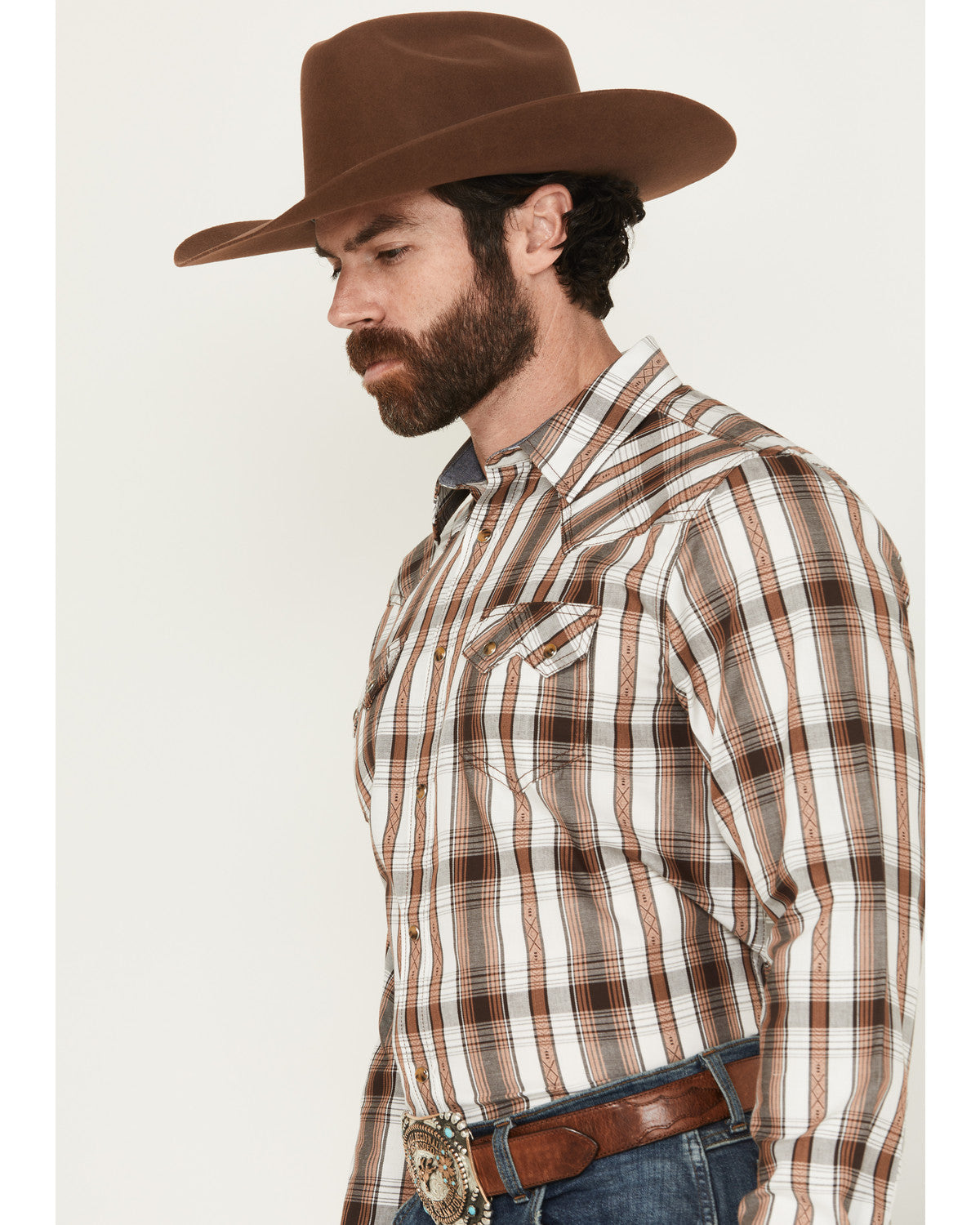 Men' Rodeo Plaid Print Long Sleeve Snap Western Shirt Tan
