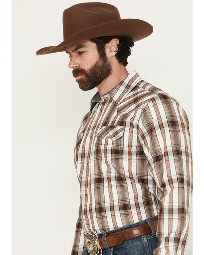 Men' Rodeo Plaid Print Long Sleeve Snap Western Shirt Tan