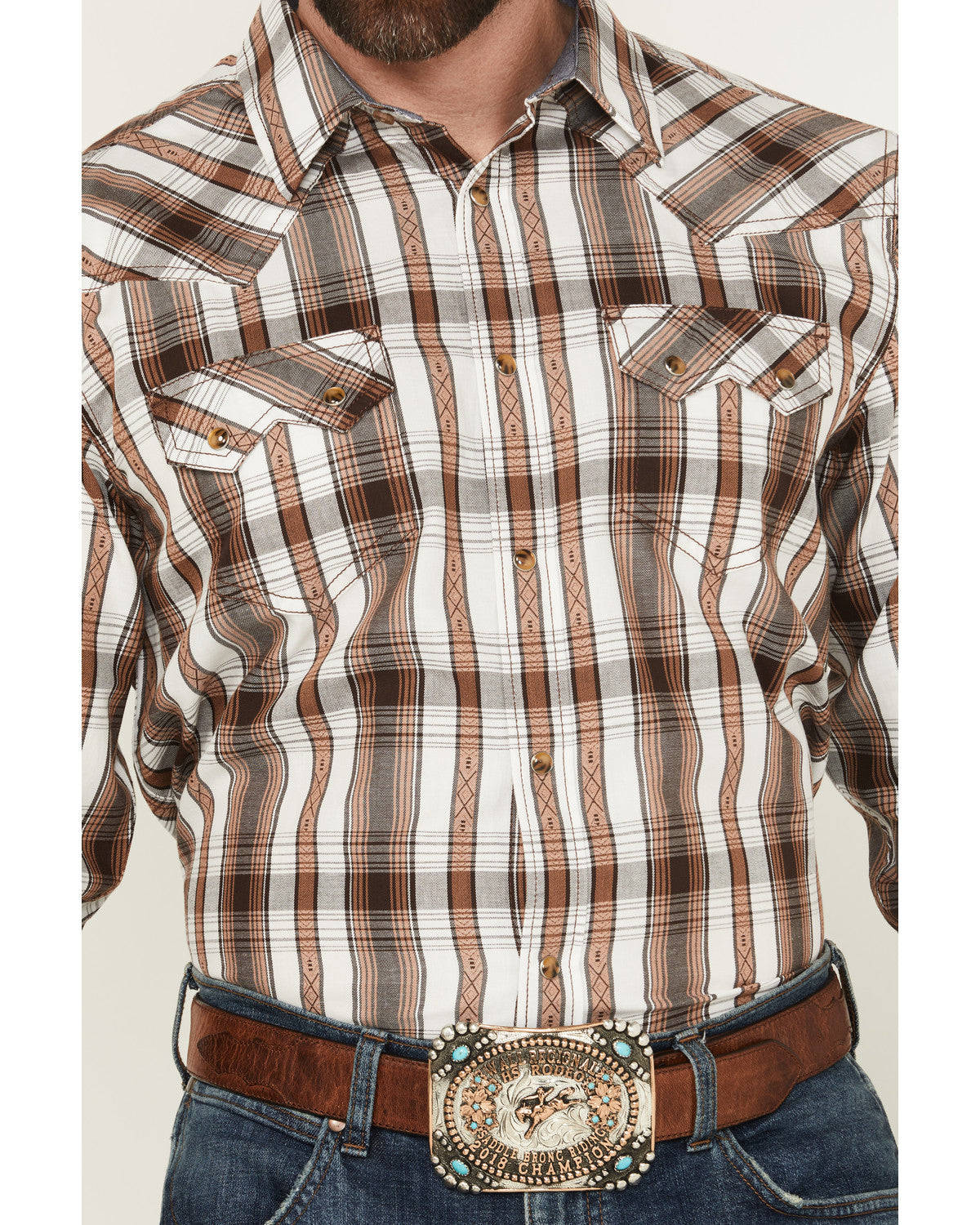 Men' Rodeo Plaid Print Long Sleeve Snap Western Shirt Tan