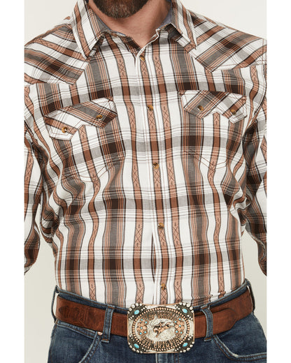 Men' Rodeo Plaid Print Long Sleeve Snap Western Shirt Tan