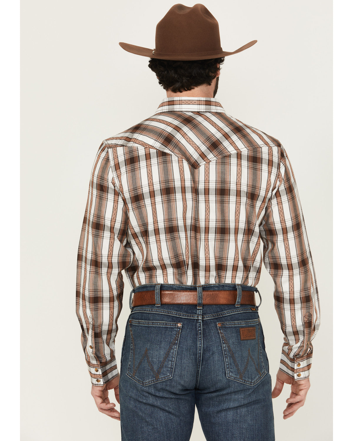 Men' Rodeo Plaid Print Long Sleeve Snap Western Shirt Tan