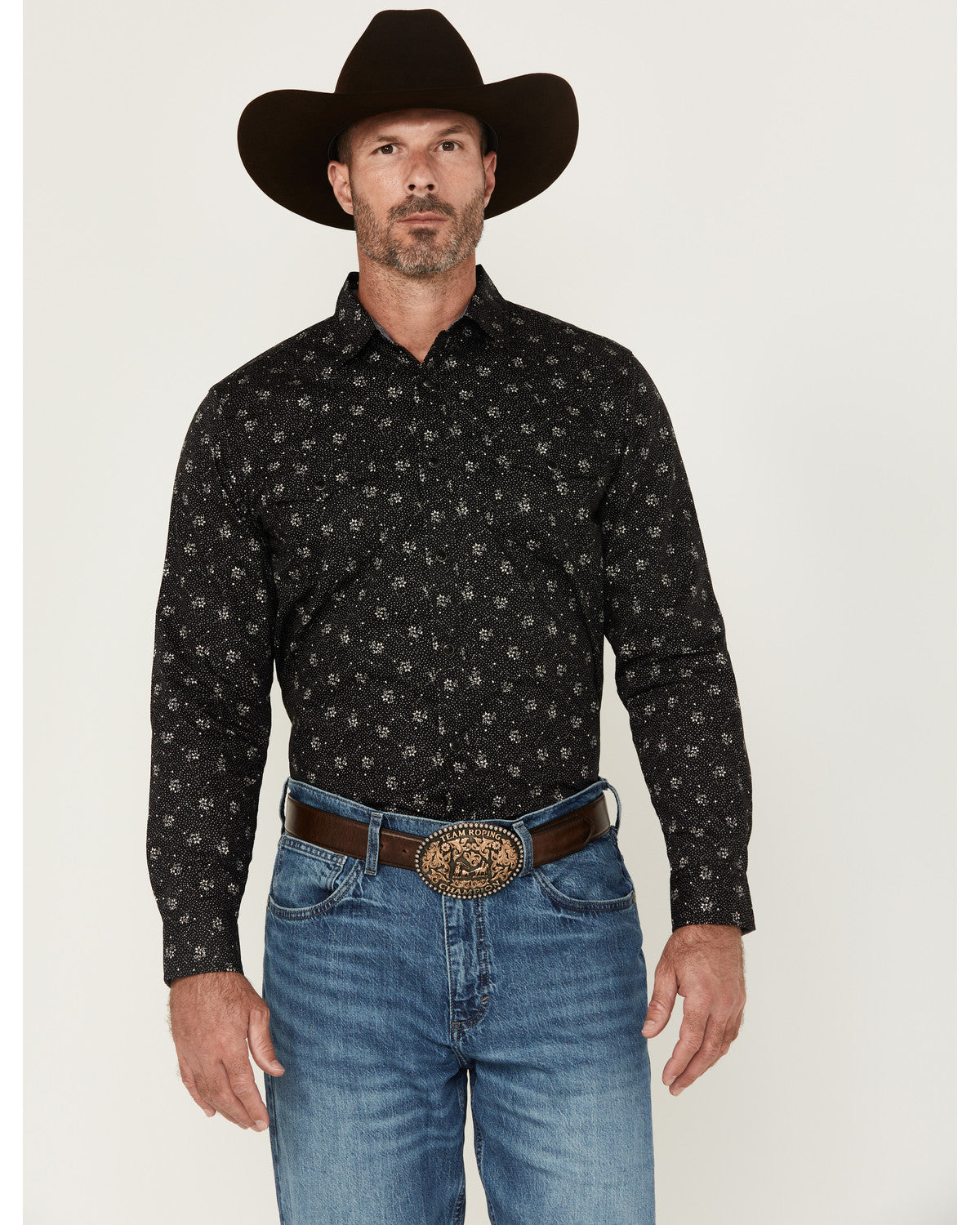 Men's Saddle Peak Floral Print Long Sleeve Snap Western Shi Black