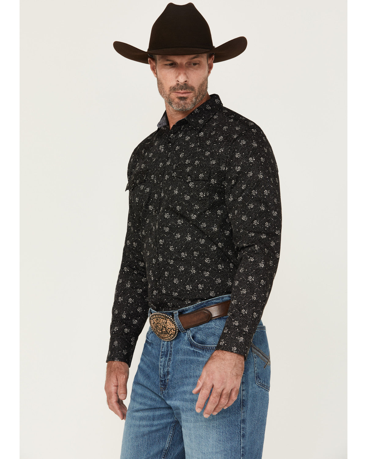 Men's Saddle Peak Floral Print Long Sleeve Snap Western Shi Black