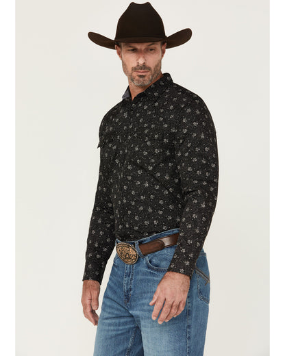 Men's Saddle Peak Floral Print Long Sleeve Snap Western Shi Black