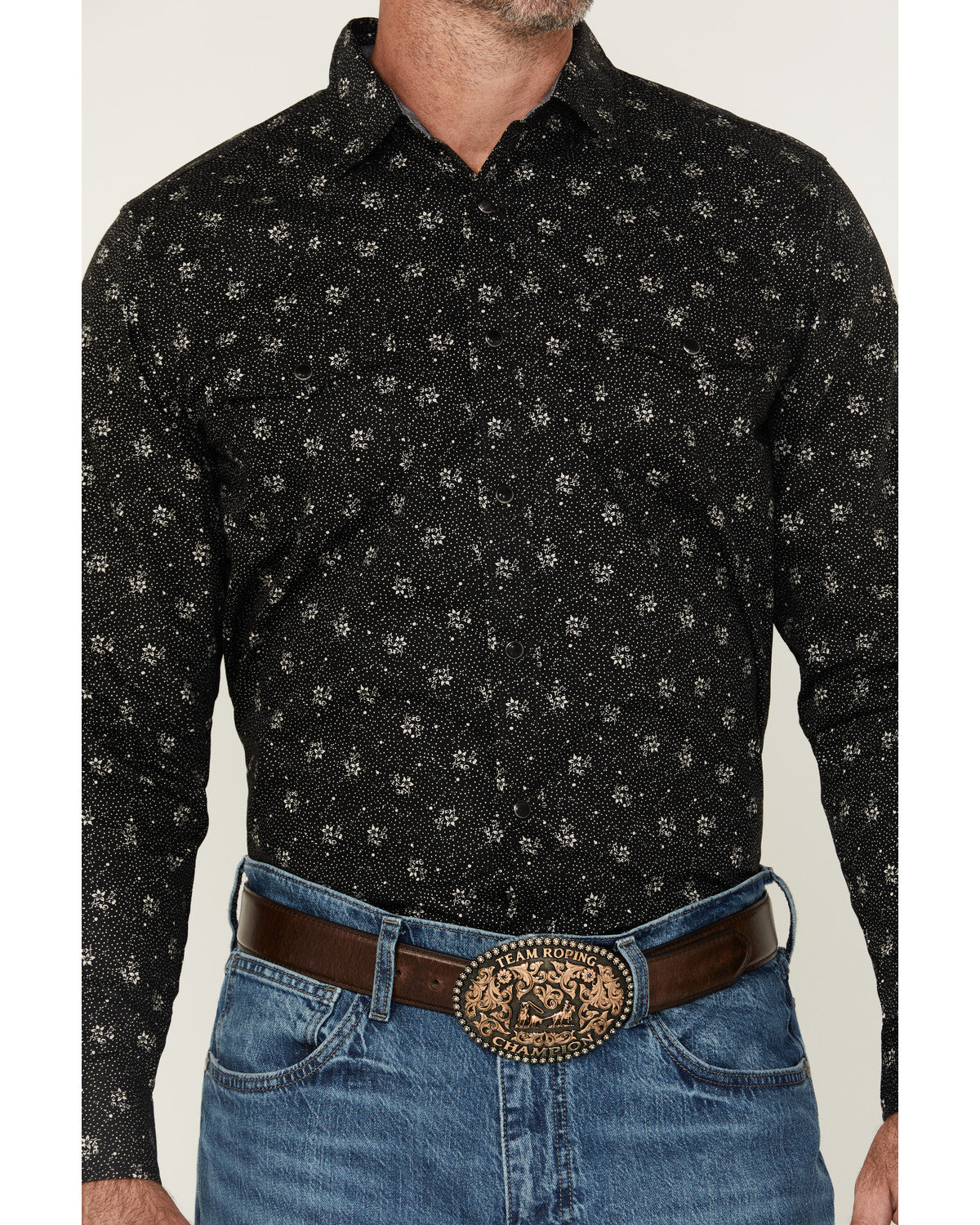 Men's Saddle Peak Floral Print Long Sleeve Snap Western Shi Black