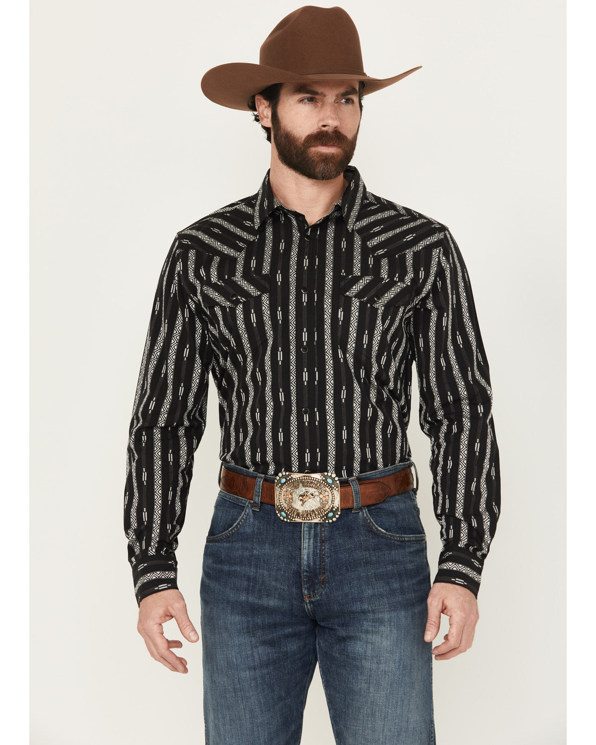Men's Range Rover Ready Striped Long Sleeve Snap Western Sh Black