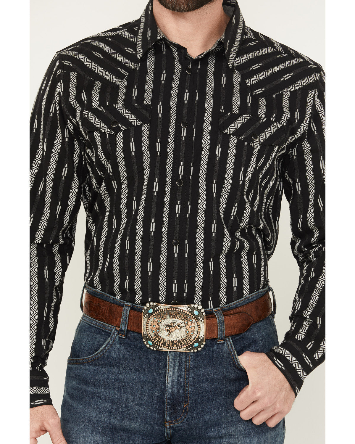 Men's Range Rover Ready Striped Long Sleeve Snap Western Sh Black