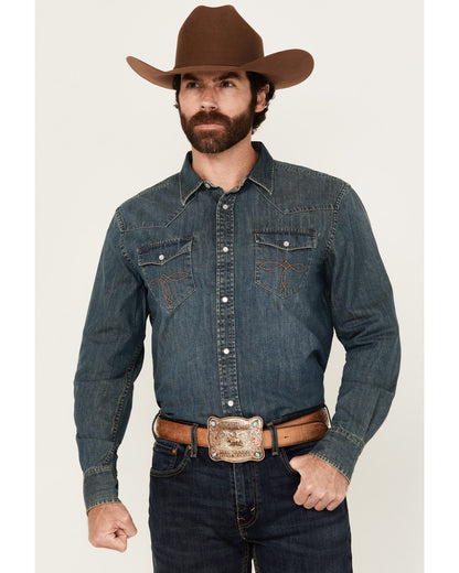 Men's Medium Wash Denim Long Sleeve Pearl Snap Western Shir Medium Wash