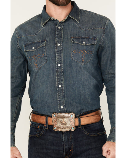 Men's Medium Wash Denim Long Sleeve Pearl Snap Western Shir Medium Wash