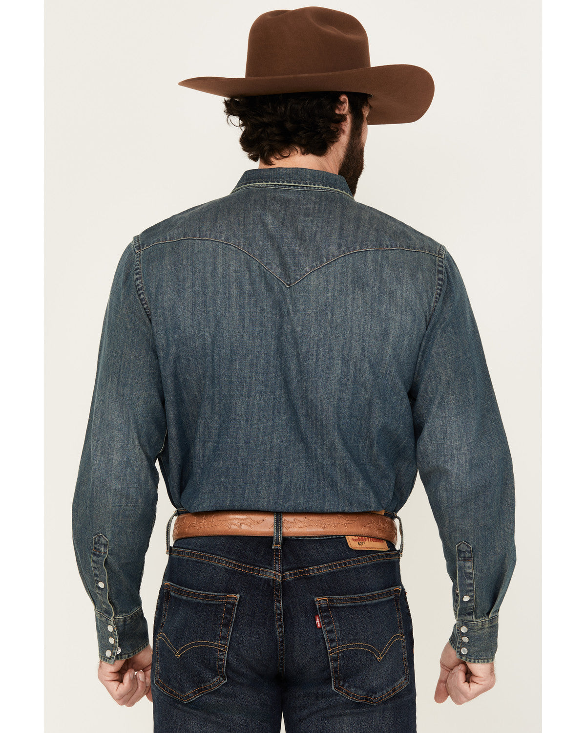 Men's Medium Wash Denim Long Sleeve Pearl Snap Western Shir Medium Wash