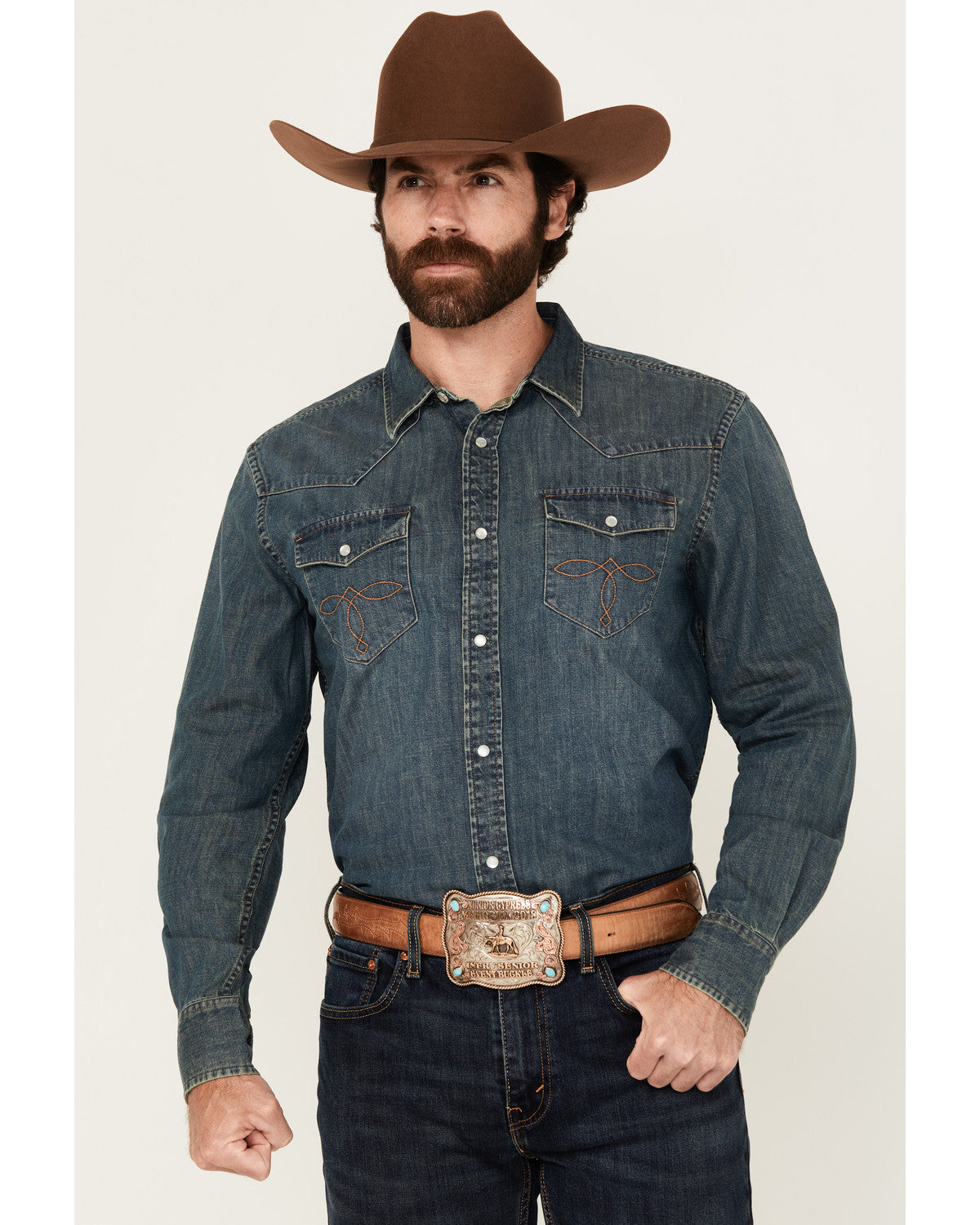 Men's Medium Wash Denim Long Sleeve Pearl Snap Western Shir Medium Wash