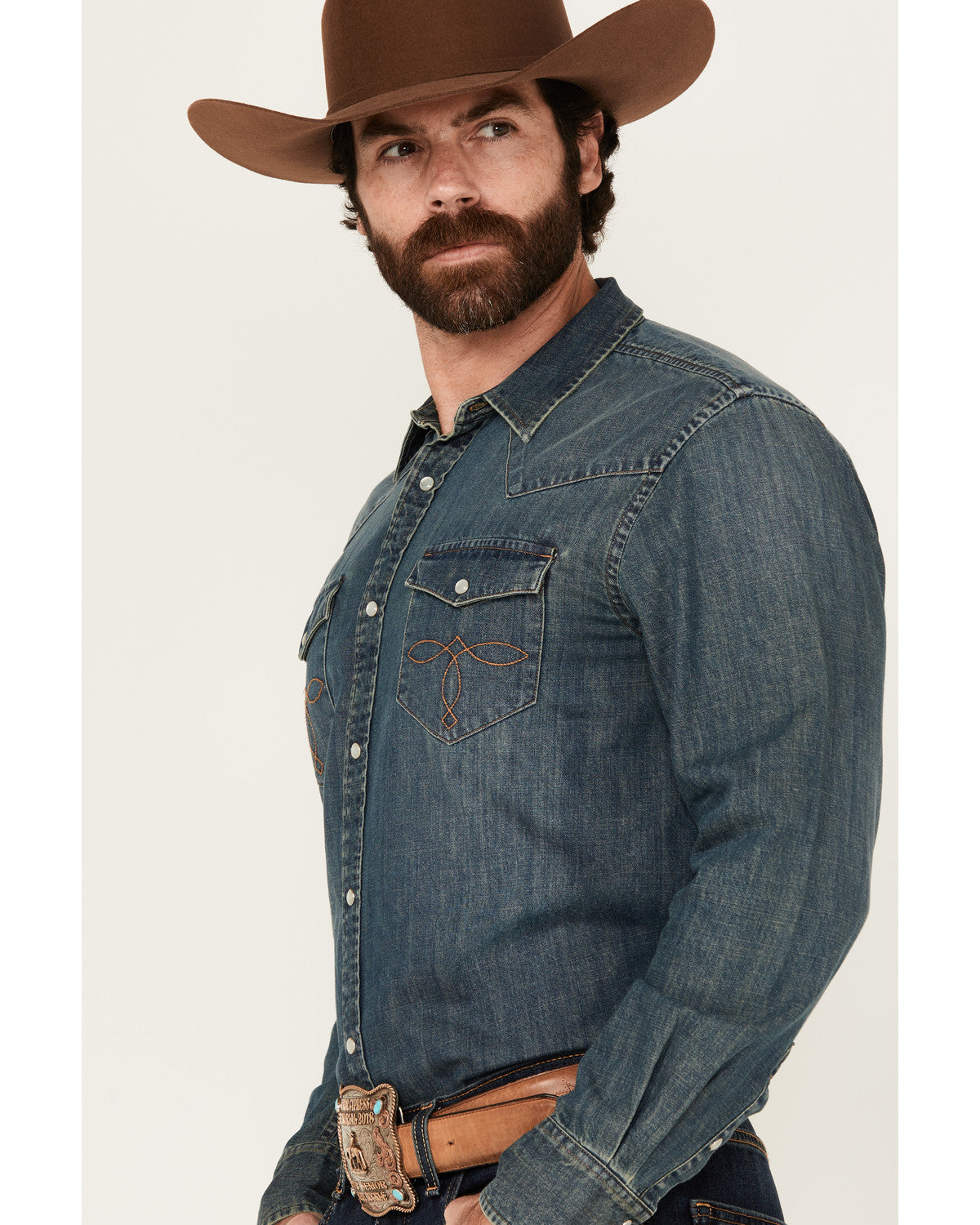 Men's Medium Wash Denim Long Sleeve Pearl Snap Western Shir Medium Wash