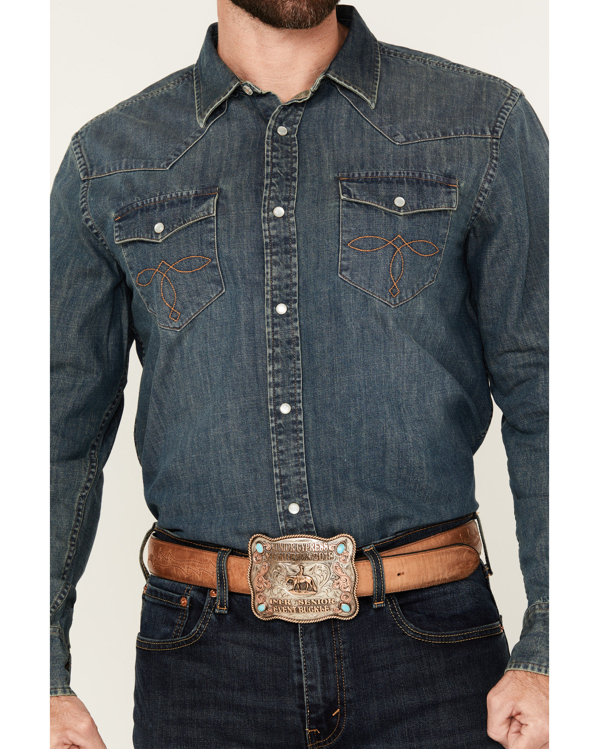 Men's Medium Wash Denim Long Sleeve Pearl Snap Western Shir Medium Wash