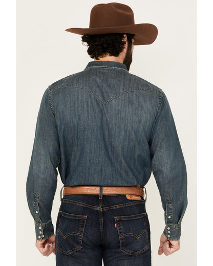 Men's Medium Wash Denim Long Sleeve Pearl Snap Western Shir Medium Wash