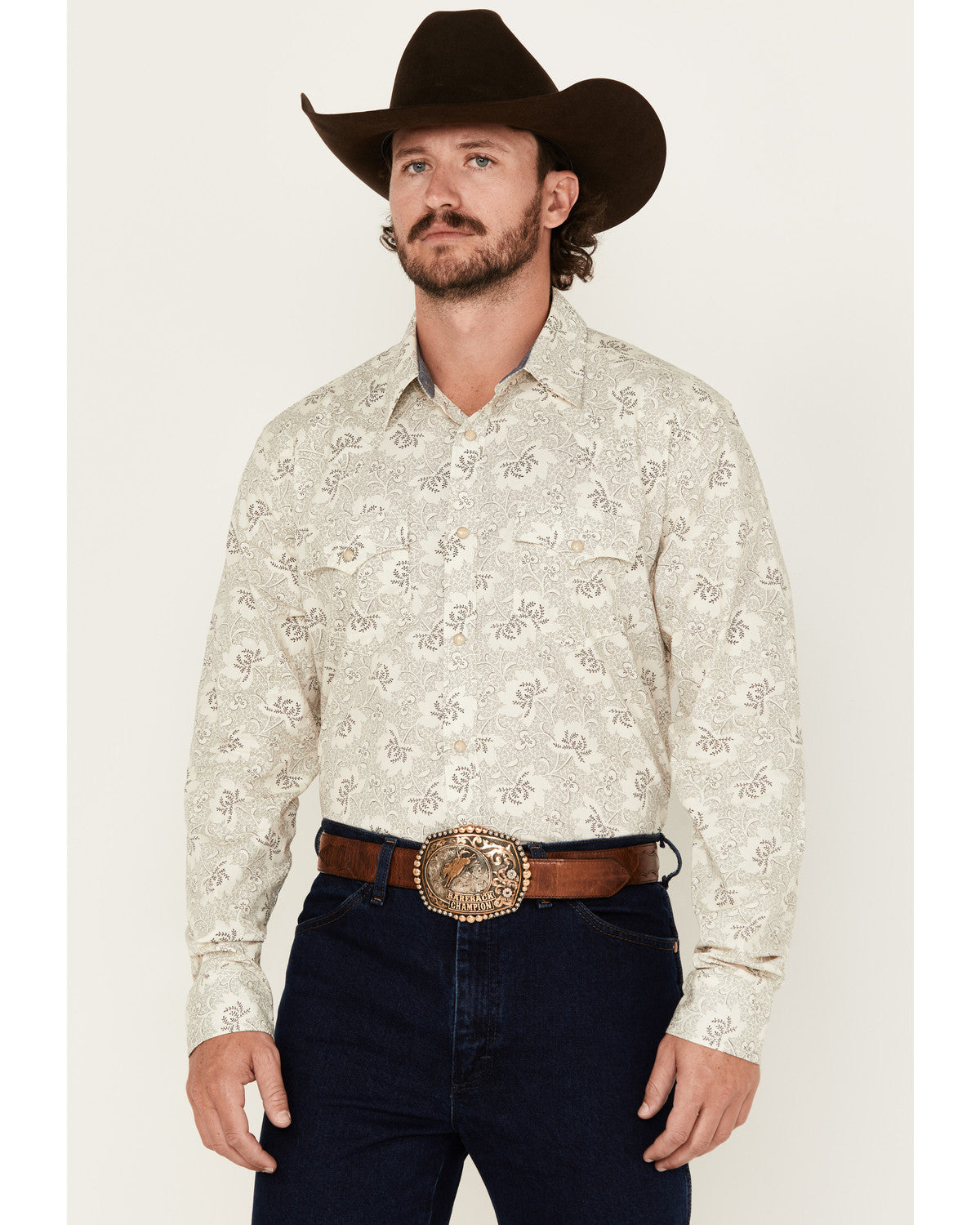 Men's Treven Floral Print Long Sleeve Snap Western Shirt Cream