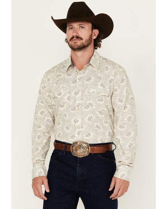 Men's Treven Floral Print Long Sleeve Snap Western Shirt Cream