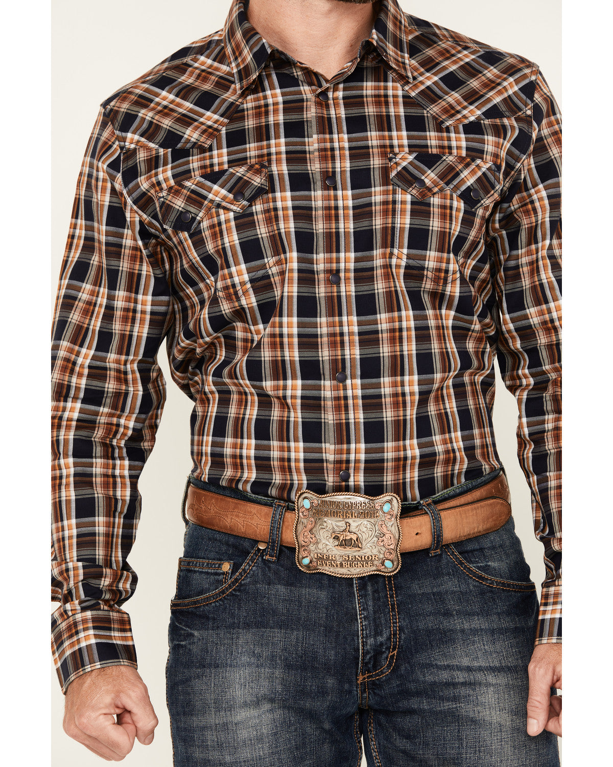 Men's Winfield Plaid Print Long Sleeve Snap Western Shirt Navy