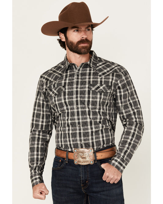 Men's Denton Plaid Print Long Sleeve Snap Western Shirt Black