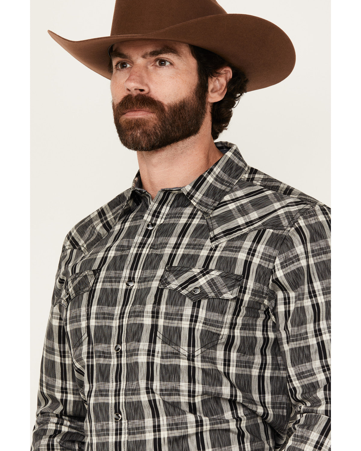 Men's Denton Plaid Print Long Sleeve Snap Western Shirt Black