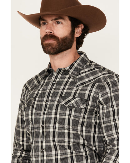 Men's Denton Plaid Print Long Sleeve Snap Western Shirt Black