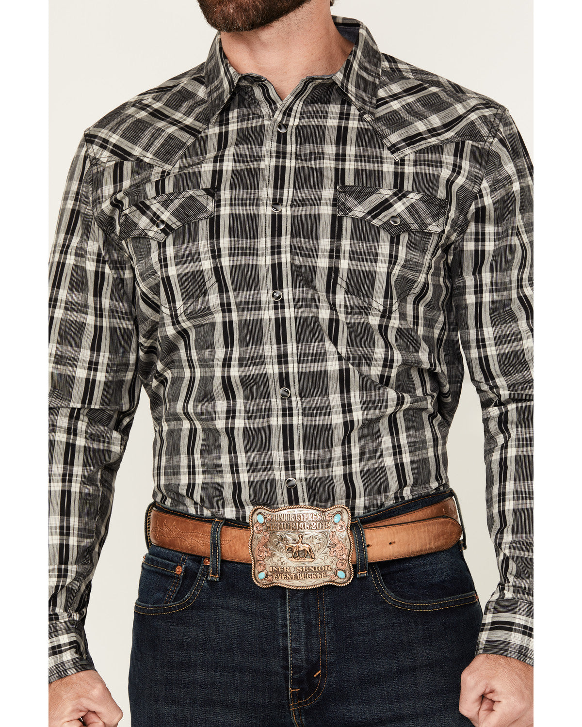 Men's Denton Plaid Print Long Sleeve Snap Western Shirt Black