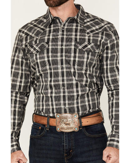 Men's Denton Plaid Print Long Sleeve Snap Western Shirt Black