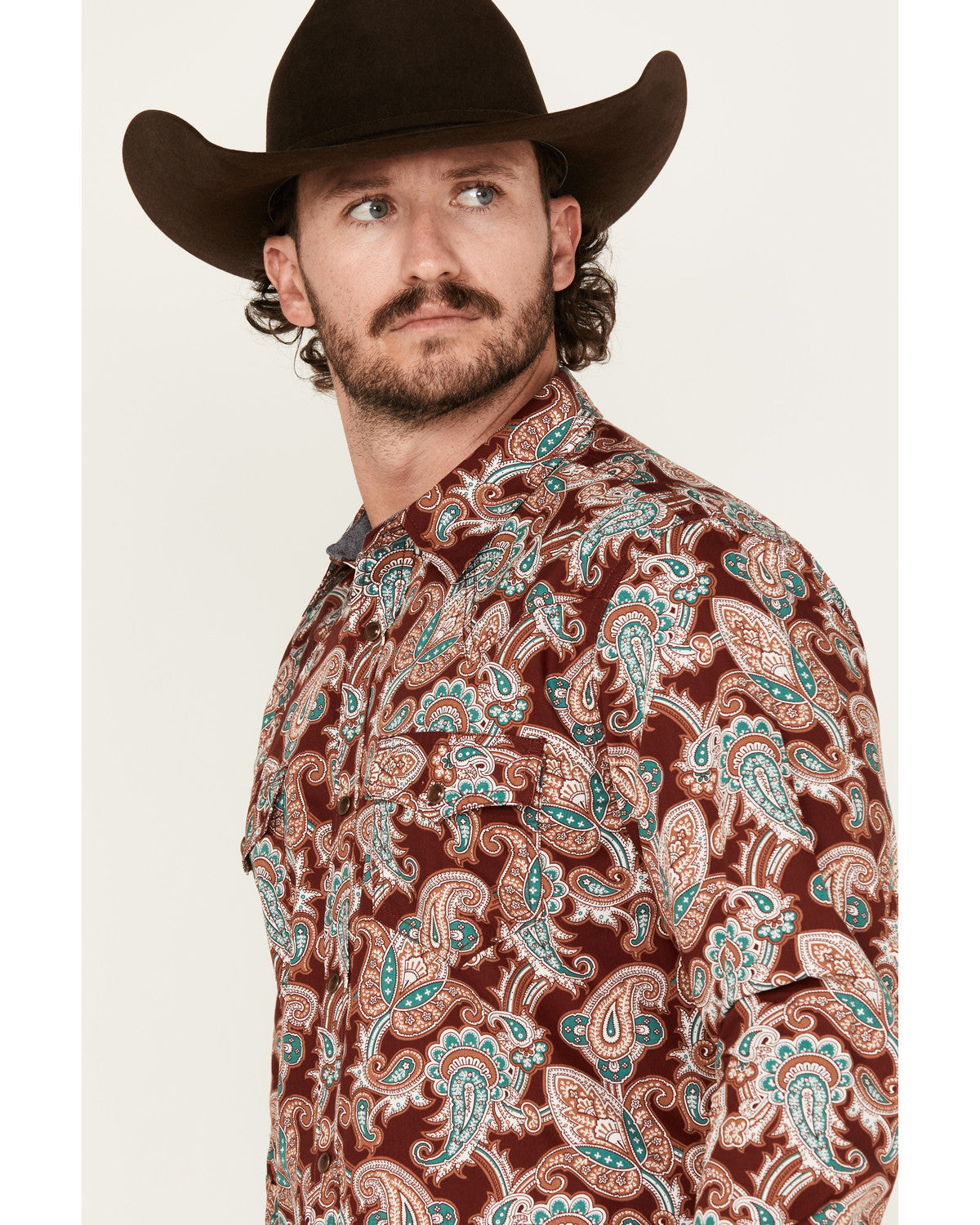 Men's Noah Paisley Print Long Sleeve Snap Western Shirt - T Burgundy