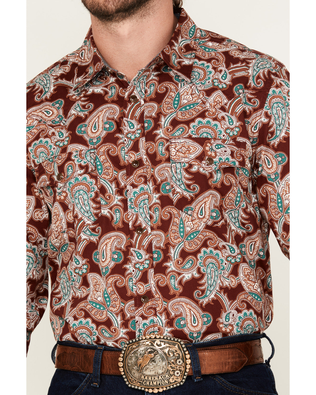 Men's Noah Paisley Print Long Sleeve Snap Western Shirt - B Burgundy