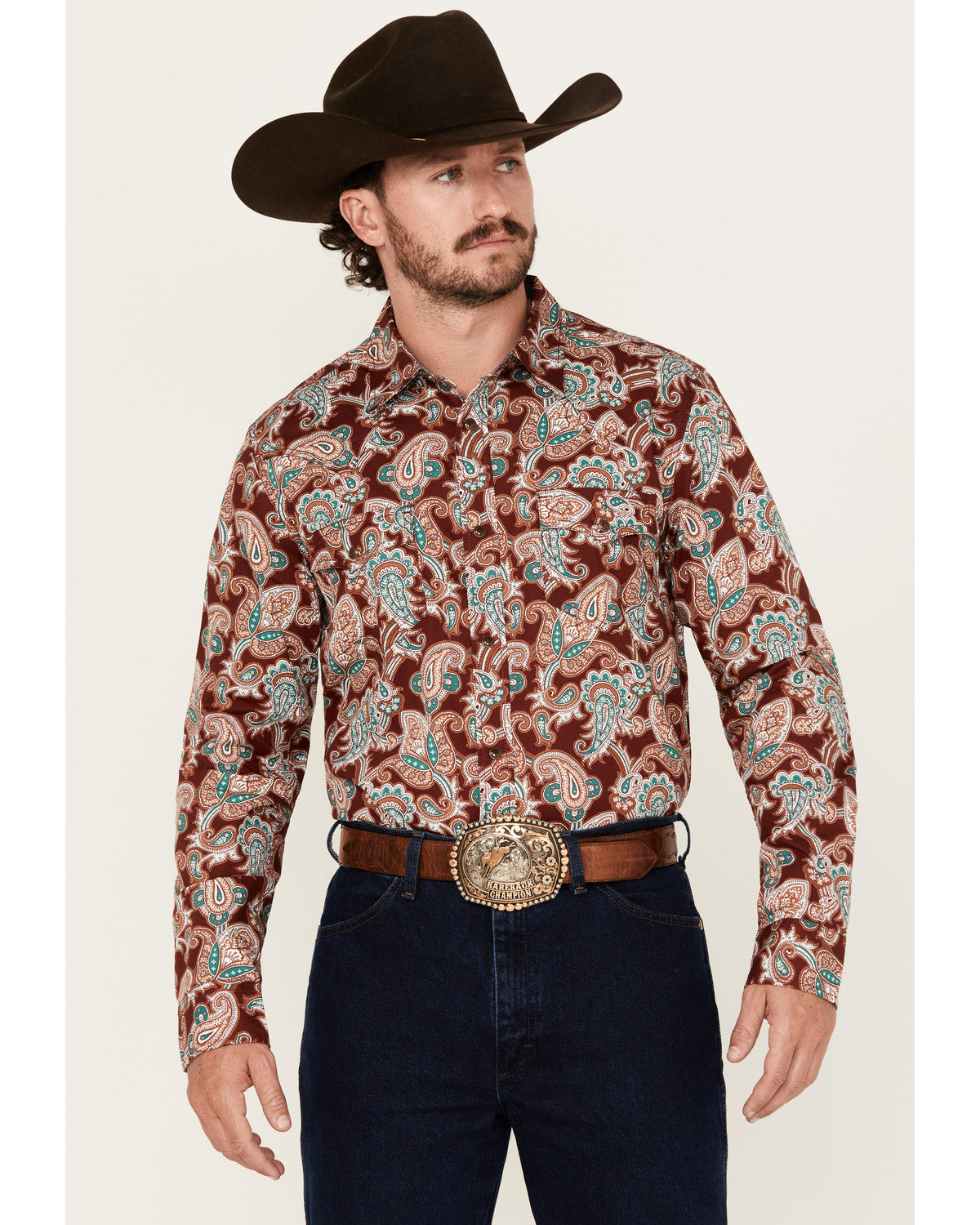 Men's Noah Paisley Print Long Sleeve Snap Western Shirt Burgundy