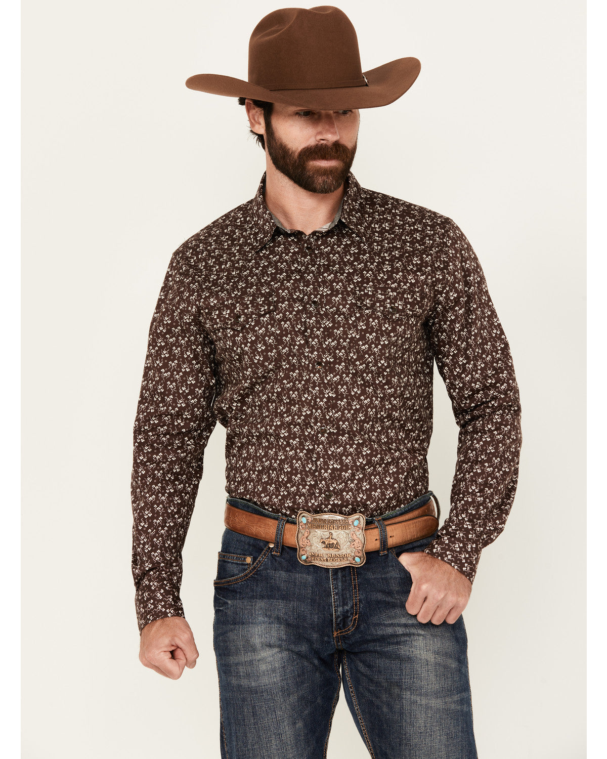 Men's Garrison Floral Print Long Sleeve Snap Western Shirt Brown