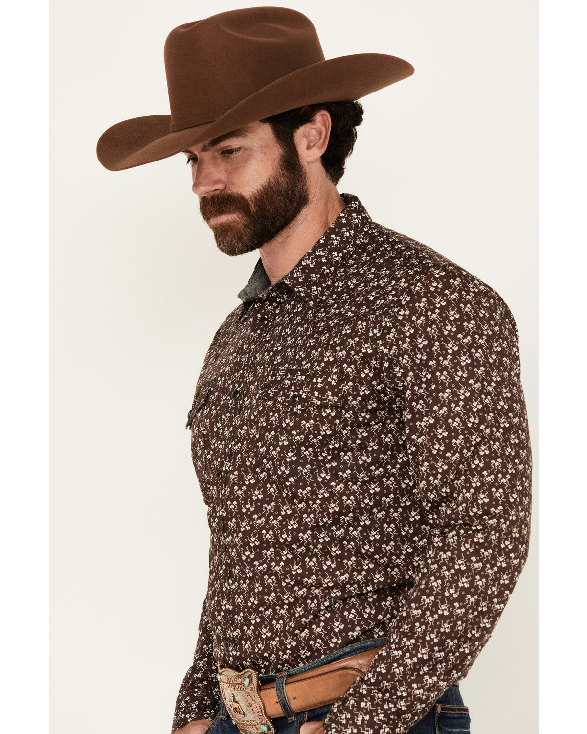 Men's Garrison Floral Print Long Sleeve Snap Western Shirt Brown